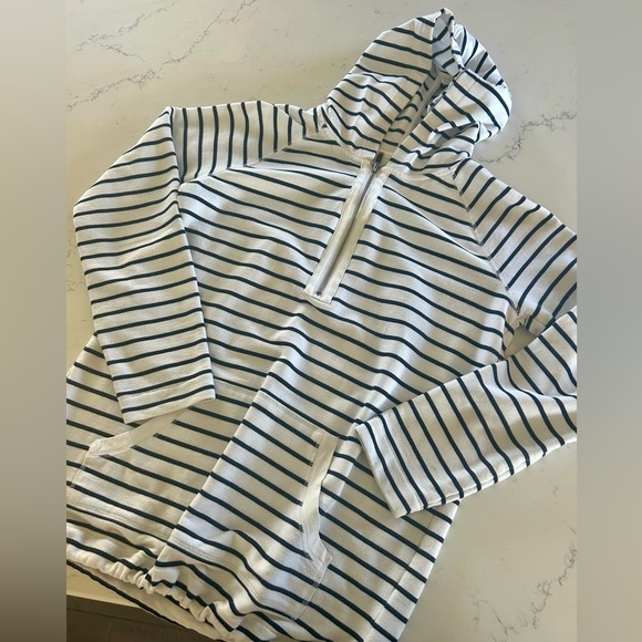 AK Sport White & Navy Blue Striped Quarter Zip Cinched Hoodie - Women’s Small - Picture 1 of 4